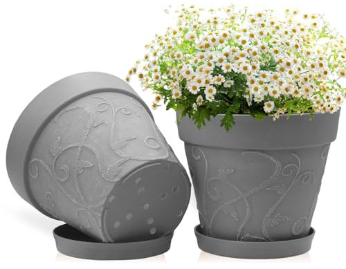 ZMTECH 25 cm Plant Pots with Saucers & Drainage Holes, 10 Inch Plastic Terracotta-Look Planter, Large Flower Pot with Tray for Indoor Outdoor Snake Plant Aloe Monstera House Plants (Grey, Set of 2)