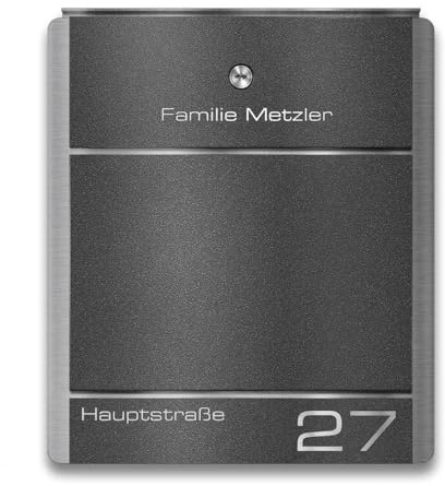 Metzler Briefkasten aus Edelstahl in Eisenglimmer DB 703 mit Namensschild und Hausnummer - Wandbriefkasten Personalisiert mit Gravur und Zeitungsfach optional - Wasserdicht & rostfrei | Moris