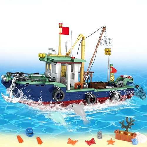 Charmofun Kit de Construction de Bateaux Flottants, 582PCS Jouet de Construction avec et Cage à Poissons et 13 Minifigurines, Cadeau d'anniversaire pour Garçon ou Fille dès 6 Ans