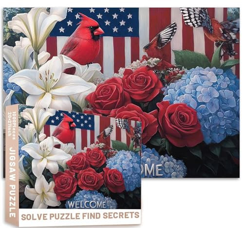 Patriotisches florales Kardinal-Puzzle, 1000 Teile, amerikanische Flagge, Rosen, Lilien, bunt, DIY-Puzzles für Heimdekoration, Geschenke, Familienpuzzle, perfekt für Spieleabende