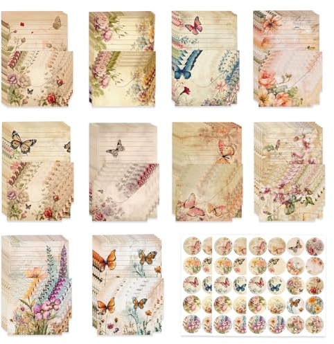 Inodiref 160 Stück Vintage Briefpapier mit Umschlag 50 Vintage Papier und 50 Briefumschläge Briefpapier Set Blumenstil Schönes Briefpapier mit Linien für Einladungskarten Grußkarten Festliche Brief
