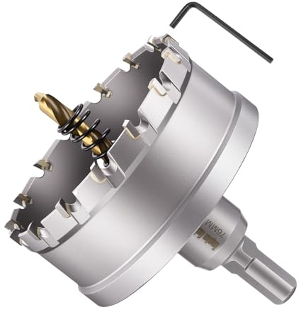 METALLIXITY Hole Saw Kit 76mm (3), Tungsten Carbide Hole Cutter with Center Drill Bit, Hex Key and Spring - for Hard Metals, Stainless Steel Sheets, Square Tubes, Fiberglass. Silver