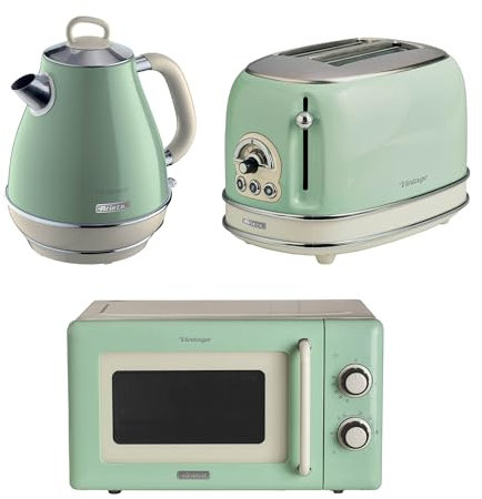 Ariete Vintage Breakfast Set, Retro 2-Slice Toaster with 6 Browning Levels, 2000W Fast-Boil 1.7L Kettle & 800W Microwave, Green