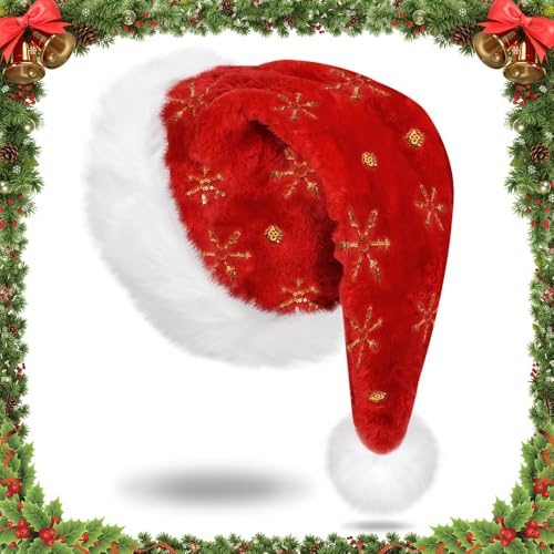 Byfoyif Weihnachtsmütze Für Erwachsene, Luxus Weihnachtsmann Mütze Deluxe Velours Nikolausmütze Santa Mütze mit Soft LinerVerdickte Warme Weihnachtsparty Mützen Gold Pailletten-Schneeflockenstickerei