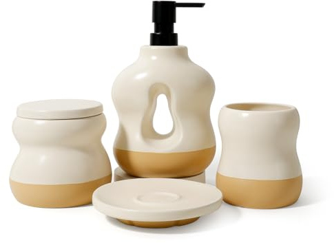BosilunLife Badezimmer-Zubehör-Set mit 4 Stück, Beige und Orange, Badezimmer-Countetop-Seifenspender-Sets, Zahnbürstenhalter und Seifenschale, Apothekerglas