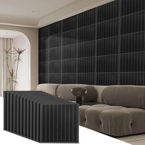 FAHKNS Lot de 12 panneaux muraux 3D pour décoration murale intérieure, revêtement de plafond en PVC, 30 m², noir