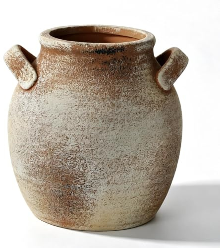 Sawoake Vintage Ceramic Vase with Handle, 7 Inch Farmhouse Rustic Pot, Retro Table Centerpiece for Coffee Desk, Living Room Bookshelf & Fireplace Dining Room Mantel Decor