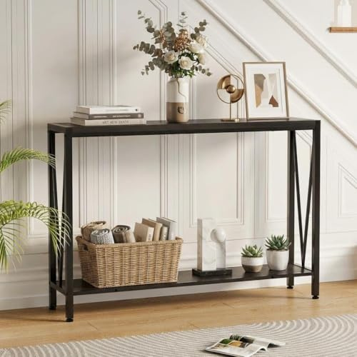 Narrow Long Sofa Table Shelf, Console Table with Metal Frame, 43 2-Tier Narrow Sofa Table with Storage, Farmhouse Entryway Table for Entryway, Living Room, Hallway, Foyer, Corridor, Office Black