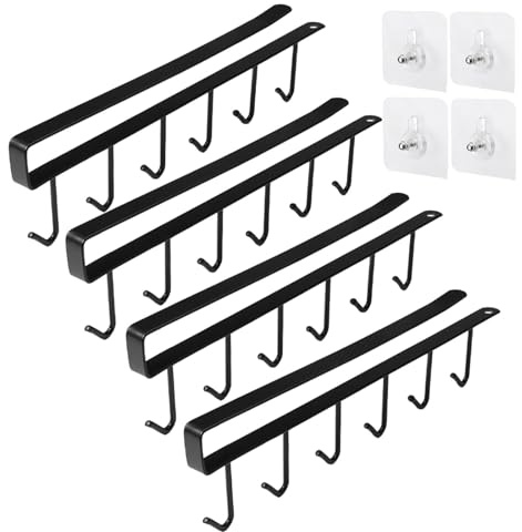 4 Pieces 27 cm Cup Holder Under Cabinet Mug Storage Cup Hooks Kitchen Shelf with 6 Mug Hooks Undershelf Holder with Adhesive Screws Under-Cabinet Hanger Rack for Kitchen Storage & Organisation