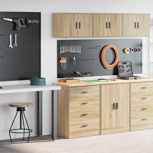 Hothingwell Garagenschränke, 2 Stück, aus Kiefernholz und Holz, Aufbewahrung für Werkstatt, mit vielseitiger Arbeitsplatte und wendbarer Tür