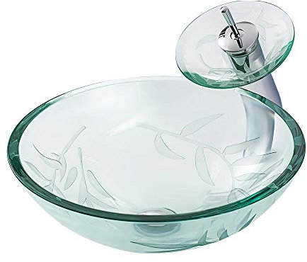 HomeLava Rund Gehärtetes Glas Waschbecken Aufsatzwaschbecken Waschschale Waschtisch Badezimmer Becken mit Wasserfall Wasserhahn