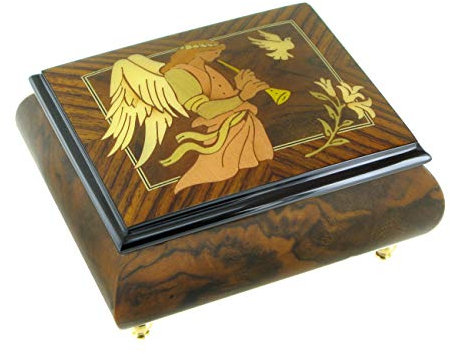 Lutèce Créations Wooden music box for rings/musical ring box with angel inlay and traditional 18-note wind up musical mechanism - La vie en rose (Louiguy/Edith Piaf)