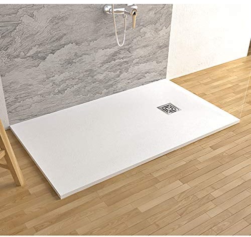 Piatto doccia in marmoresina con piletta di scarico effetto pietra (80 x 100, Bianco)