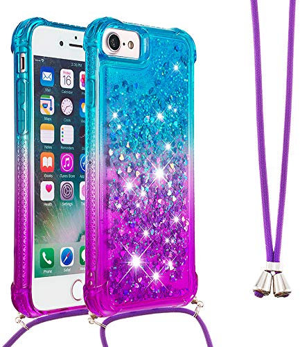 Handykette Handyhülle für iPhone 6S / iPhone 6 Hülle,Glitzer Quicksand kreatives Fließende Flüssigkeit schwimmt Silikon Case mit Umhängeband Handykordel Band Kette für iPhone 6S,YB GS Blue Purple