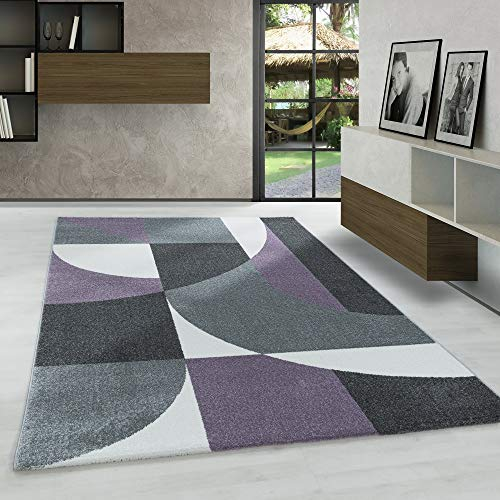 Carpetsale24 Modern Designer Kurzflor Teppich, Geometrische Muster, Läufer Teppich, Kurzflor Teppich, Pflegeleicht, Lila - Grau - Weiß Farbe, Wohnzimmerteppich, Größe:80 x 250 cm