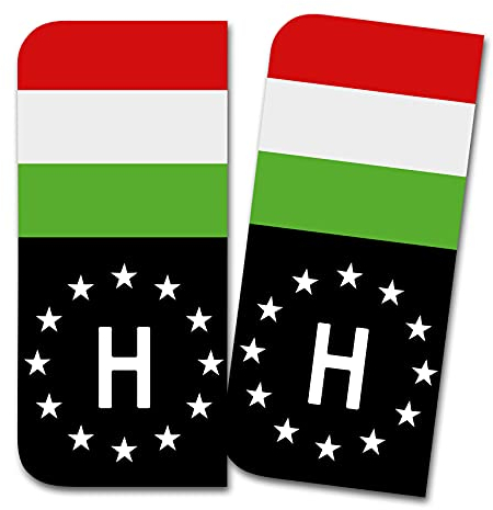 2 x Kennzeichen Sticker passgenau für EU Feld 11x5cm Design Aufkleber für Nummernschild Folie KFZ Schwarz oder mit Fahne waschstraßenfest R167 (26 Ungarn, Mit Flagge)
