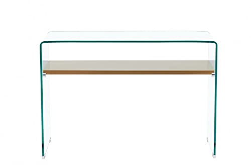Sdm Consola de diseño Fabricada de Cristal Curvado de 12 mm. de Espesor con Acabado Transparente, Estante Inferior Revestido de Acero Inoxidable con Acabado Dorado, 110 x 40 cms