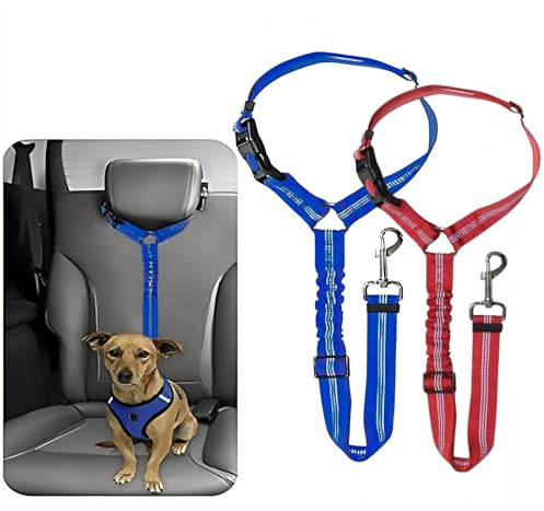 Seat Belt For Dogs In Car Adjustable - Headrest Dog Car Seat Belt Restraint Puppy - Elastic Pet Dog Seat Belt harness - Strong Leads Harness for Dogs Cats and Pets - 2 Pack Blue & Red
