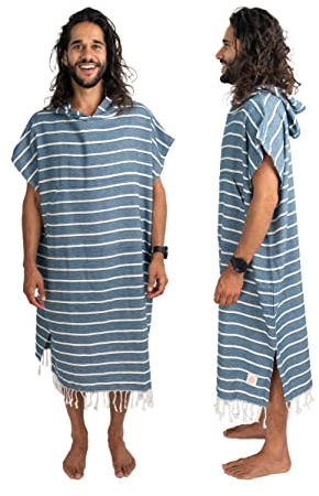 Nova Blue Poncho de Surf - Marine & Blanc rayé Surf Poncho Homme - Grande Serviette de Plage à Capuche Adulte (33 X 44) - 100% Coton Turc Serviette de Surf Peignoir à Langer pour Surf, Plage, Piscine