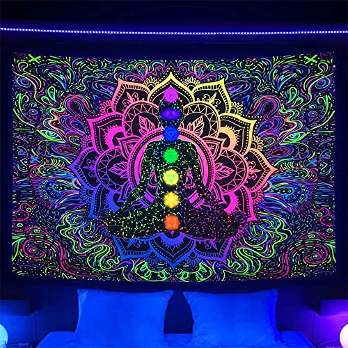 Schwarzlicht-Wandteppich mit sieben Chakren, UV-reaktiv, böhmisches Mandala, spiritueller Wandteppich, Boho, Yoga, Meditation, Schwarzlicht, Wandbehang für Yoga-Raum, Boho, Schlafzimmer, Wohnzimmer,