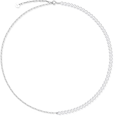Candyfancy Halb Perlenkette Halbe Perle Halbe Kette Silber 925 Büroklammer Halskette mit 4mm perlen für Damen