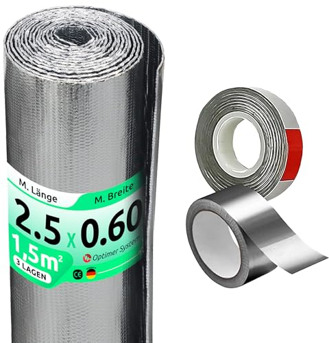 ISOLIERFOLIE FÜR RADIATOR | Reduziert Kälte und Wärme | 100% ALUMINIUM | Wärmedämmfolie für Fenster, Wand, Boden, Decke, Auto, Garage, Camper, Klimaanlage [0,60 x 2,5 m] | 3 m²+ 2 Isolierbänder