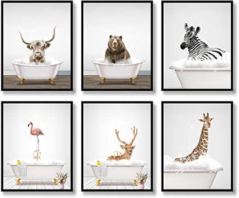 Bathroom Wall Art Animal Prints Bathroom Decor Set of 6 Canvas Posters Funny Photos Pictures Bathroom Artwork Wall Cute Yak,Crane,Deer,Zebra in Bathtub Wall Decor for Bathroom (11x14 UNFRAMED)