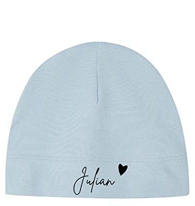 minimutz Kleine Babymütze mit Namen | Personalisierte Mütze Beanie für Baby und Neugeborene | Motiv Herz (hellblau)