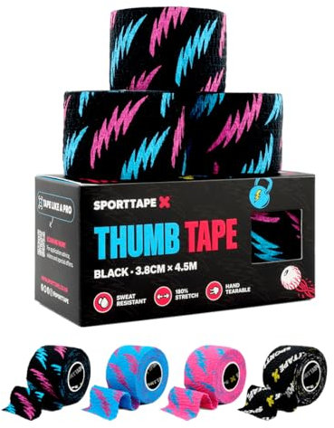 SPORTTAPE Hook Grip Daumentape – 3 Rollen - 3,8 cm x 4,5 - Punk | Selbstklebendes, schweißfestes & reißbares Baumwolle | Ideal für Gewichtheben, Powerlifting & funktionelles Training