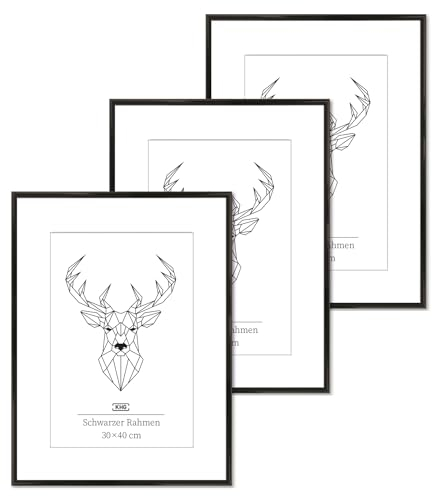 KHG 3er Set Bilderrahmen aus Kunststoff mit stabilem Glas und Passepartout, zum Aufhängen oder Hinstellen, Ideal für Portraits, Urkunden, Poster - schwarz, 30x40 cm