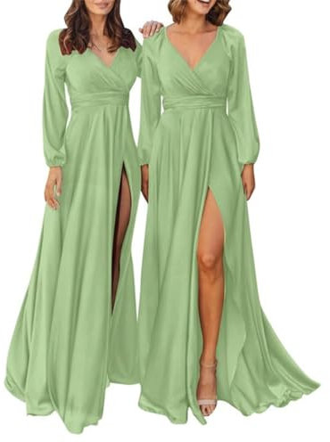 Long Sleeve Bridesmaid Dresses with Slit V Neck Chiffon Pleated Empire Waist Formal Dress Sage Green UK8