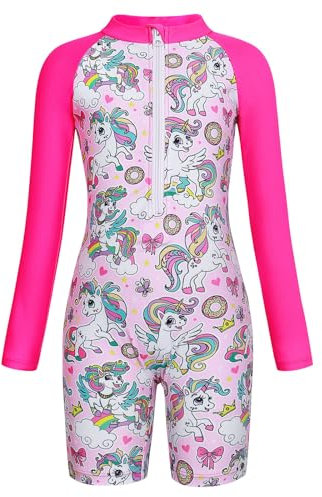 KumSoomliy Unicorn Girls Swimming Costume One-Piece Swimsuit Girls UV Protection Swimwear Little Child Long Sleeve Rash Guard Kids Beach Holiday Swimwear Rose Pink Age 3-4 Years Size 110