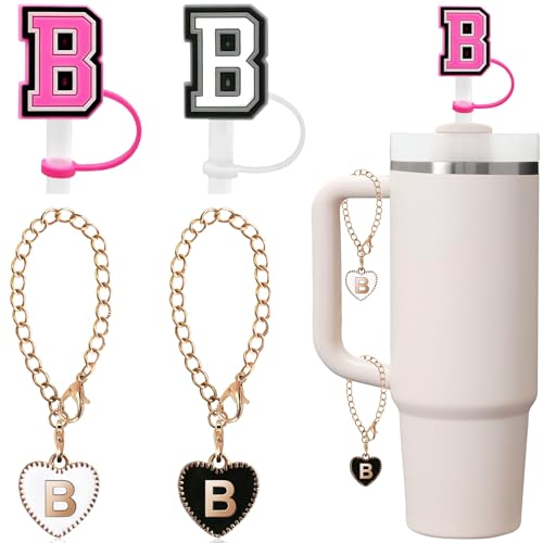 Straw Cover for Stanley Cup Accessories,2Pcs Letter Stanley Straw Cover with 2Pcs Letter Charms for Stanley Cup 30&40 Oz,Initial Letter Name Plate Straw Topper Charm For Stanley Tumbler(B)