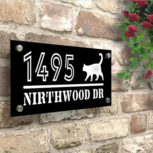 Benutzerdefiniertes Hausnummernschild Mit Katze, Personalisiertes Adressschild, Beleuchtetes Hausschild, Türschild, Adressnummernschild