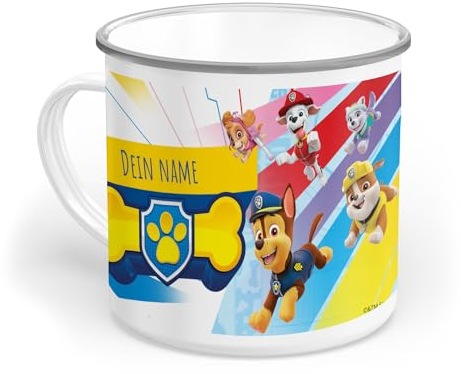 PICANOVA Tasse Personalisierte PAW Patrol Team – Kindertasse mit Name für Kinder – Personalisierte Geschenke – Individuell Tasse Emaille 300 ml – Dauerhaft Becher Ideal für Mädchen