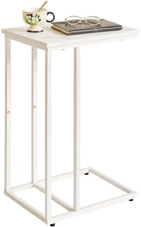 Aibiju Beistelltisch,Betttisch,Sofatisch ür Kaffee und Laptop, Industrie-Design, Modern, Weiße Marmorfarbe Holzbretter mit weißem Metallrahmen, YD-TM051W