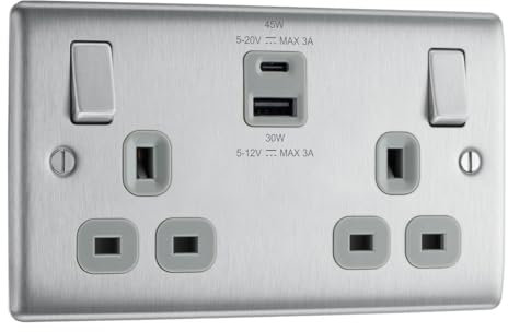 BG Electrical Double Switched Wall Plug Socket with Super Fast Charge Type A & C USB Ports, Nexus Metal, Brushed Steel, Grey Inserts, 13A, 45W, NBS22UAC45G