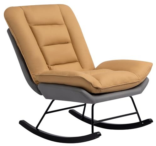 HollyHOME Schaukelsessel Schaukelstuhl Schwingsessel Sessel Wohnzimmer Relaxsessel, Lesesessel Ohrensessel Lounge Sessel für Schlafzimmer, Rückenlehne Verstellbar, Grau & Gelb