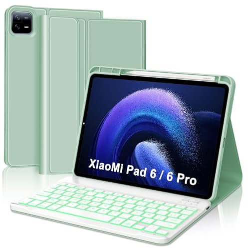 FARYODI Clavier pour Xiaomi Pad 6/Xiaomi Pad 6 Pro 2023 11 Coque Clavier avec Rétroéclairé, AZERTY Français Clavier pour Xiaomi Pad 6/Xiaomi Pad 6 Pro Clavier Amovible Bluetooth sans Fil, Vert Clair