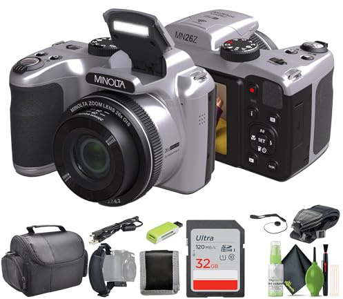 Minolta MN26Z 20 Mega Pixels 26x Optical Zoom Digital Camera with 1080p FHD Video Bundle with 32 GB Memory Card + Vlogging Tripod + Cleaning kit + More Accessories - Silver