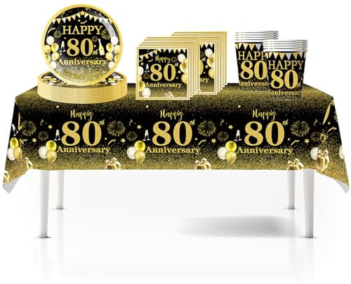 41Pcs Black Gold 80th Happy Birthday Party Tableware Decorations for Him Plastic Table Cloth,7inch Paper Plates,Napkins, Cups for Men Birthday Table Party Tableware Set for Him Adults Birthday Party