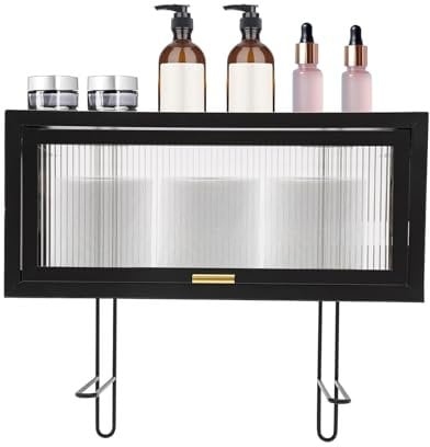 MINRS Badezimmerschrank Badschrank 40 x 15 x18 cm Badmöbel mit Durchsichtige Tür und Haken Küchen-Klapphängeschrank Hängeschrank Für Badezimmer für Bad, Flur, Wohnzimmer Wandschrank Schwarz