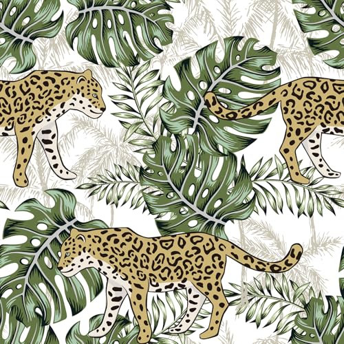 VEELIKE Exotic Tropical Wallpaper Jungle Cheetah Wallpaper Peel and Stick White Leopard Wallpaper for Bedroom Bathroom 44.5cmx300cm Monstera Leaf Wallpaper Removable Animal Wallpaper Renter Friendly