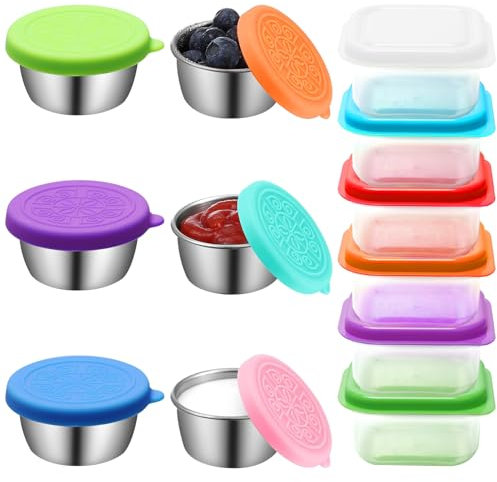 6 Stück 50ml Salatdressing Behälter mit Silikondeckel Edelstah+6 Stück 100ml Mini-Vorratsbehälter Kunststoff,Kleine Dosen,Lebensmittelbehälter,Gewürzbehälter Saucenbehälter für Dips Gewürze Marmelade