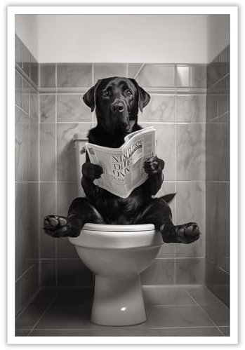 Beshdomp Vintage Black Labrador Retriever Reading On Toilet Newspaper Posters Black And White Canvas Wall Art Funny Animals Aesthetic Prints Painting For Home Bedroom Dorm Wall Decor 12x16in Unframed