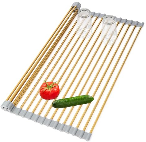 HAYAWEY Goldenes Abtropfgestell zum Aufrollen, großes Edelstahl-Abtropfgestell über der Spüle, für Küchenarbeitsplatte, anwendbar für Spülenbreite weniger als 41,9 cm (Gold, 45 x 34 cm)