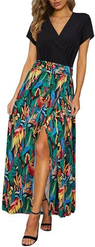 Newshows Sommerkleid Damen Lang Maxikleid Sommer Freizeitkleid Kurzarm V Ausschnitt Strand Kleider Rot-Grünes Blatt,XXL