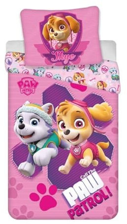 Paw Patrol Skye & Everest Bettwäsche-Set 135x200 cm + 65x65 cm – Kinderbettwäsche aus Baumwoll-Mischgewebe – Offizielles Lizenzprodukt – Rosa Design für Mädchen – Weich, farbenfroh & pfleg