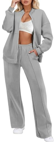 Duohropke Tuta da jogging da donna, a gamba larga, invernale, 2 pezzi, con chiusura lampo, felpa senza cappuccio, pantaloni della tuta, sportiva, elegante, in due pezzi