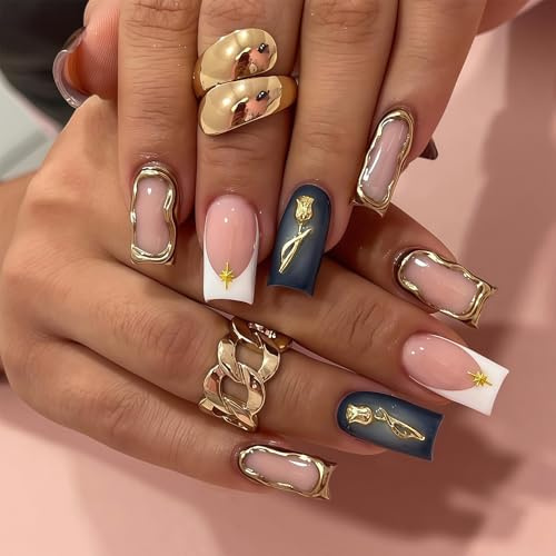 Auroriel 24 Stück 3D French Tip Kunstnägel Weiß Gold Metallrose Design, Acryl Fake Nägel zum Aufkleben, unregelmäßige Linien Press On Tips, wiederverwendbare künstliche Fingernägel